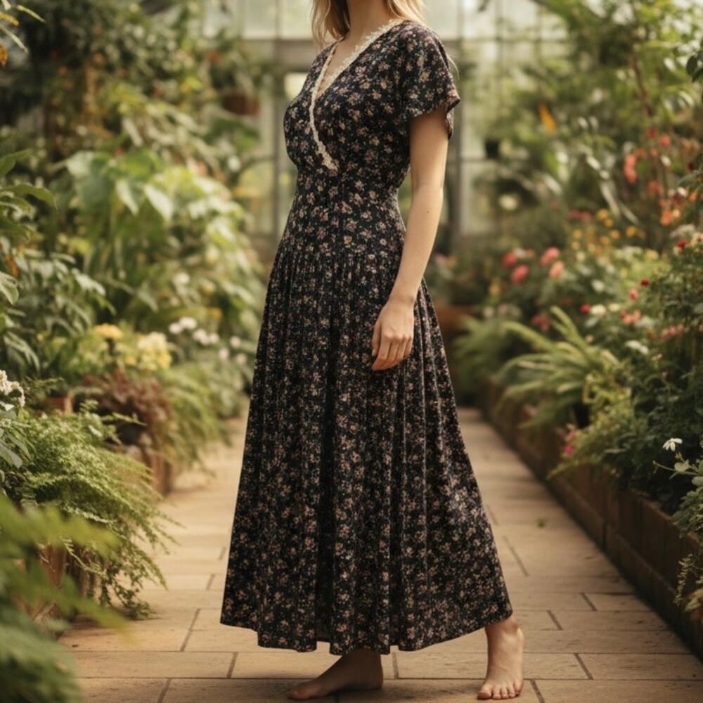 Joni Blair Vintage Floral Prairie Cottagecore Maxi Dress Women's 7 Black